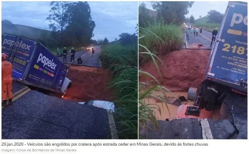 Chuva em MG: Pista cede e carros caem em cratera; mulher está desaparecida