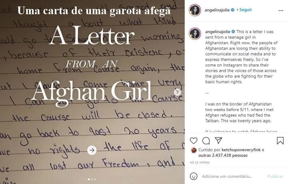 Angelina Jolie cria perfil no Instagram após receber carta de jovem afegã